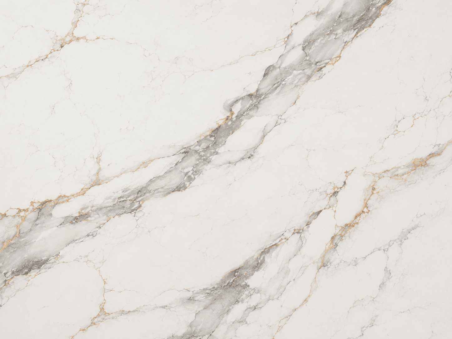 Calacatta quartz slab with bold grey and gold veining