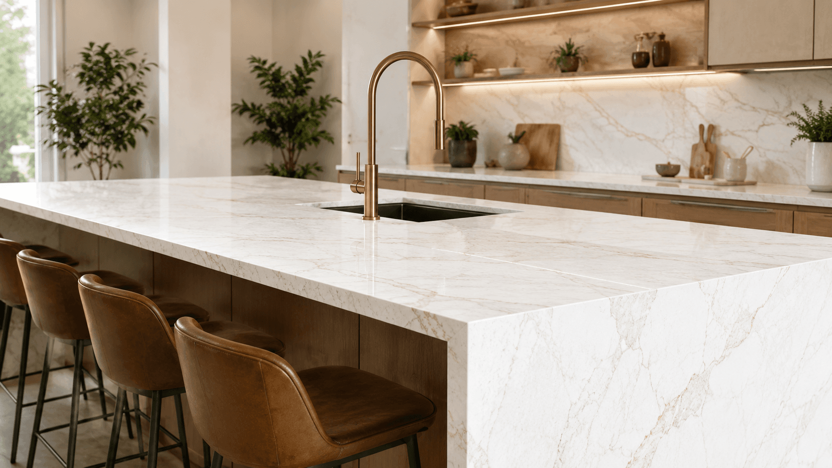 Luxury kitchen with a marble-look quartz island and brass faucet